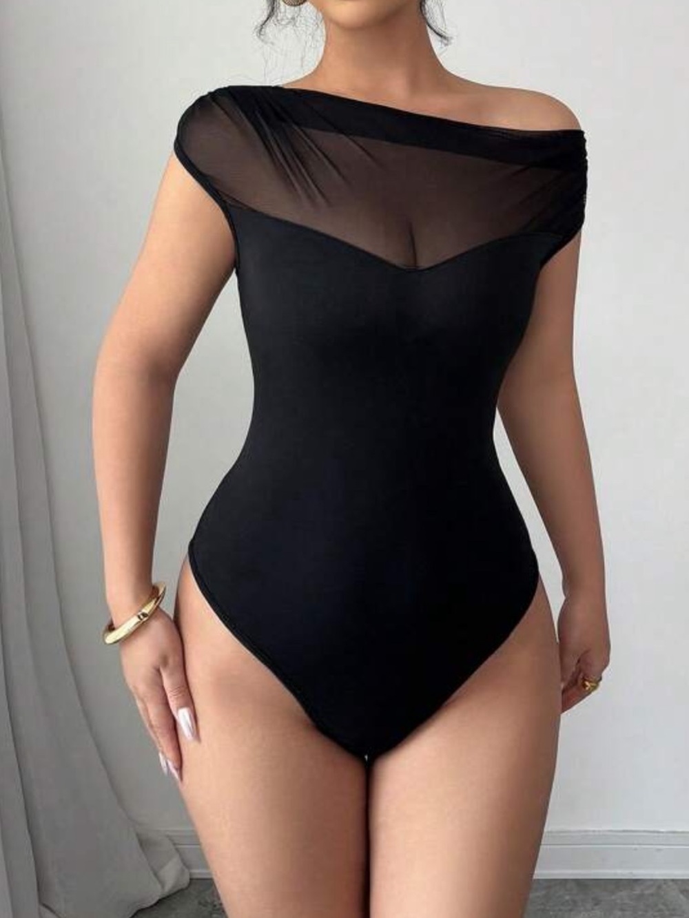 Sheer-Accent Black Off-Shoulder Bodysuit